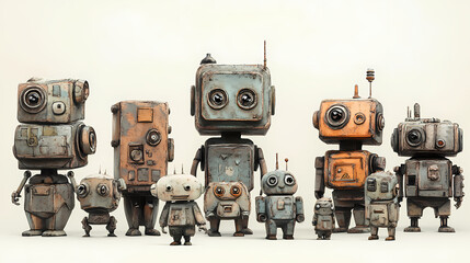 Fototapeta premium A group of analog robots in retro style. Vintage Robot. Illustration
