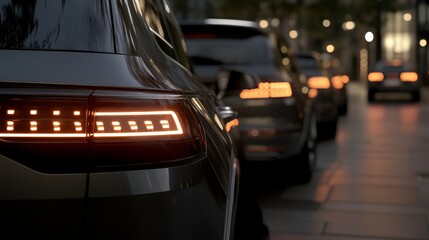 Obraz premium Urban evening traffic with modern motor vehicles displaying illuminated taillights in a busy street environment