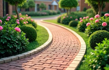 Elegant clinker brick path winds through landscaped garden. Pink peonies, trimmed bushes create beautiful floral border. Green grass surrounds path. House visible in background. Outdoor design