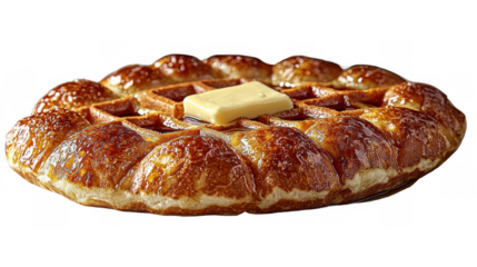 A golden-brown waffle topped with a pat of butter, showcasing its fluffy texture and appetizing appearance. Perfect for a gourmet breakfast.