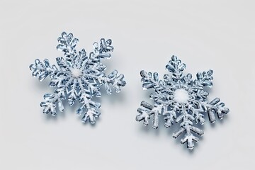 Detailed photo of three snowflakes isolated on a white background, realistic and high-definition.