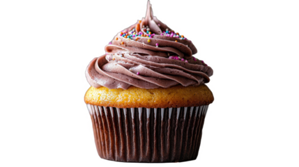 A delicious chocolate cupcake topped with creamy frosting and colorful sprinkles, showcasing a gourmet dessert.