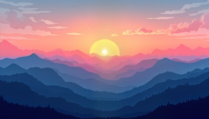 Obraz premium Majestic layered mountain ranges meet vibrant sunset hues. Colorful panorama of landscape. Calmness, serenity of nature. Scenic view from high elevation. Dramatic sky, clouds. Stunning sunset over