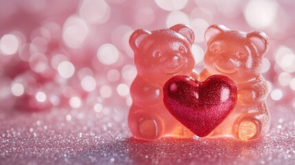 Obraz premium Cute gummy bears hugging heart, cozy Valentine's Day background, sweet romantic love. Social media template for business promotions.