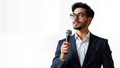 Young entrepreneur in suit holds microphone, looks confident. Businessman gives presentation. Man speaking at event interview. Motivated, charismatic speaker. Photogenic individual ready to inspire
