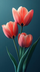 Elegant red tulips with vibrant green stems, glowing softly against a cool blue background, making a striking floral wallpaper for your phone