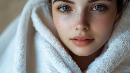 Close-Up Portrait of a Beautiful Woman with Healthy Glowing Skin, Soft Towel and Bathrobe, Natural Beauty and Skincare Routine in Serene Spa Setting, Radiant Skin, Wellness Lifestyle