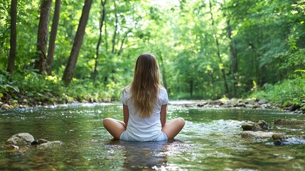 Fototapeta premium Young woman meditating in lotus position while sitting in a shallow forest stream surrounded by green trees.
