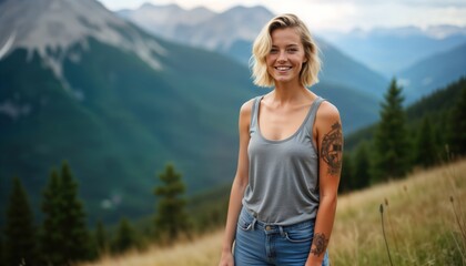 Fototapeta premium Smiling young blond woman stands outdoors in mountains. Stylish short hair. Wears grey tank top, blue jeans. Decorative tattoo visible on arm. Natural scenery includes green trees, distant misty