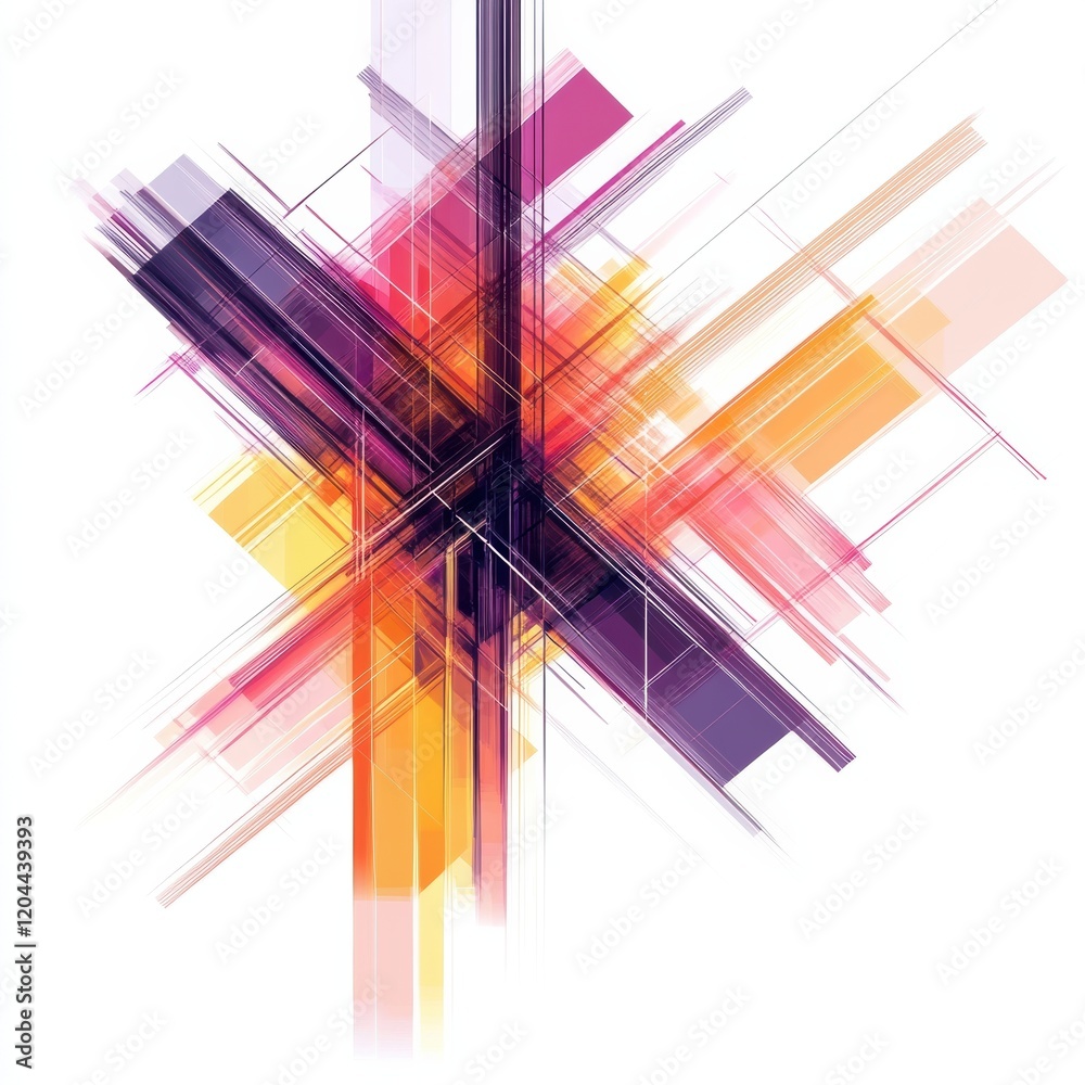 Poster vibrant abstract geometric design showcasing intersecting lines and colors in a dynamic composition.