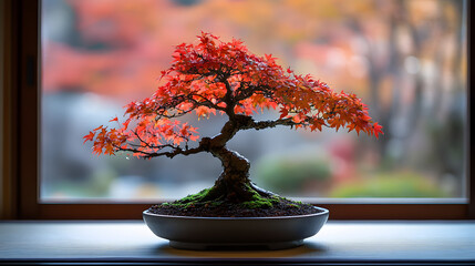 A bonsai tree with vibrant red maple leaves, placed on a tatami mat inside a Zen-inspired room, during a quiet autumn afternoon