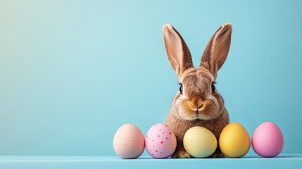 A rabbit with Easter eggs peeking over a pastel bright background, ideal for advertisements, banners, or cards, with space for copy text