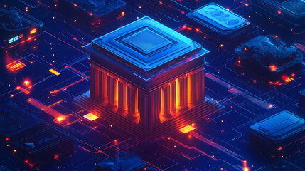 Futuristic financial network with glowing connections and coins on dark blue. Cyber Palace. Illustration