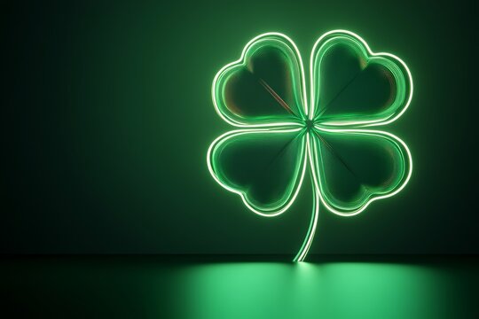 Glowing neon clover outline on dark background for st. patrick’s day