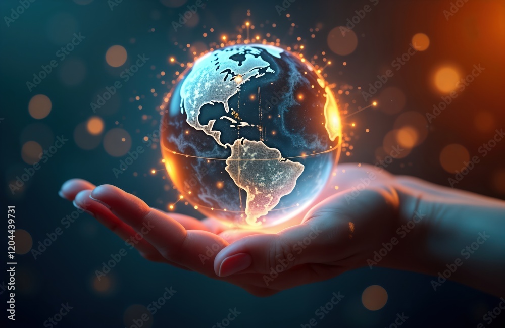 Poster global tech network covers earth. innovative international trading concept. wireless global communic