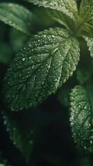 Close-up of dew-covered green leaves.