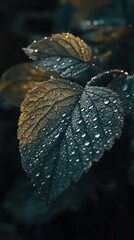 Close-up of dew-covered leaves, showcasing intricate leaf veins and water droplets.