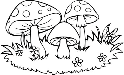 Flowering Plant and Mushrooms Line Art Book Illustration for Nature Lovers mushrooms in the grass