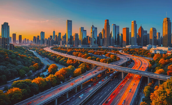 A city with a lot of traffic and a beautiful sunset. The city is full of tall buildings and the sky is orange and pink