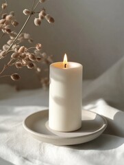 Lit white candle on beige plate with dried flowers.
