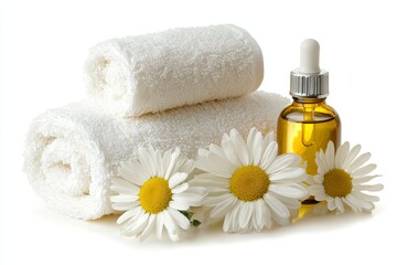 Relaxing spa composition with chamomile flowers, fluffy white towels, and a golden essential oil bottle, emphasizing natural beauty and aromatherapy harmony