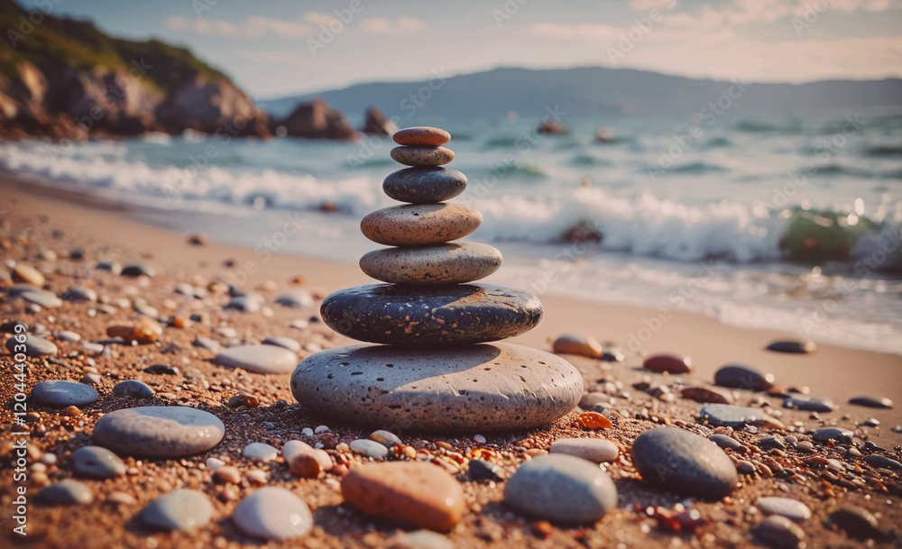 Poster a stack of rocks on a beach. the rocks are of different sizes and colors. the beach is calm and peac