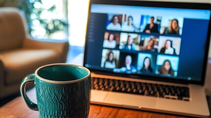 A home office setup showcasing a virtual team conference call displayed on a computer screen.