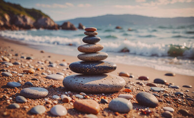 A stack of rocks on a beach. The rocks are of different sizes and colors. The beach is calm and peaceful, with the waves gently lapping at the shore. The rocks are arranged in a pyramid shape