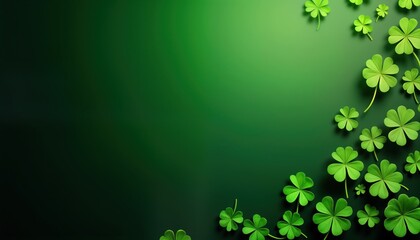 St Patricks Day background design. Green gradient background with many shamrocks. Festive, celebratory image for St Patricks Day. Modern design with clover shapes. Ideal for greeting cards banners