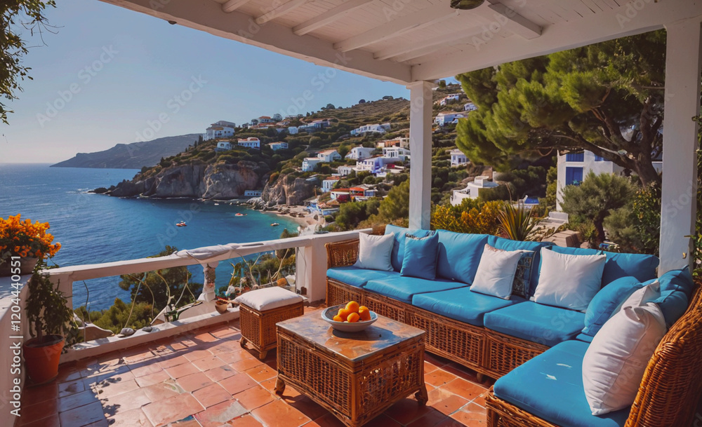 Aufkleber a beautiful view of the ocean with a white house in the background. the house has a blue couch and a