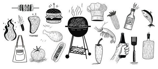 Obraz premium Set of summer barbeque Hand drawn style illustration design elements