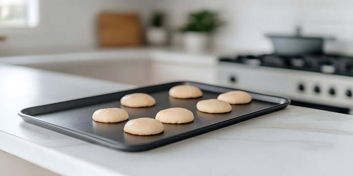 Unbaked cookies on a baking sheet in a modern kitchen. Ready for the oven! - Powered by Adobe