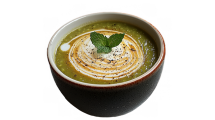 A bowl of creamy green soup garnished with mint leaves and a swirl of cream. The dish looks delicious and is served fresh, showing gourmet culinary skills.
