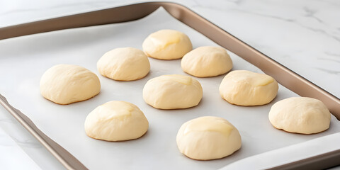 Raw dough buns prepared for baking on a baking sheet.  Ready for the oven!