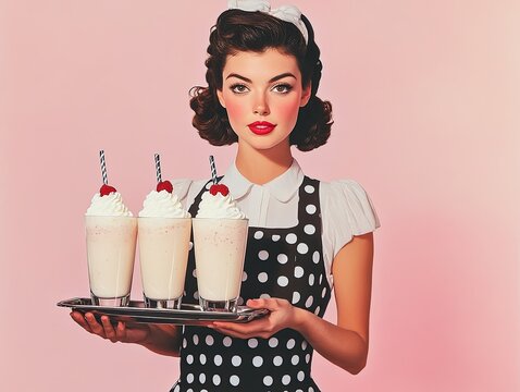 Vintage waitress serving milkshakes on a tray in a retro diner setting