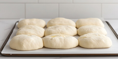 Nine smooth, unbaked bread dough portions arranged on a baking sheet, ready for the oven.
