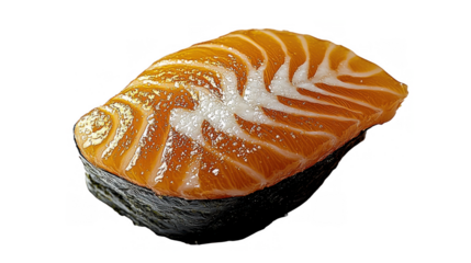 A beautifully arranged slice of salmon sushi, showcasing vibrant orange hues on top of a black seaweed base, symbolizing Japanese cuisine.