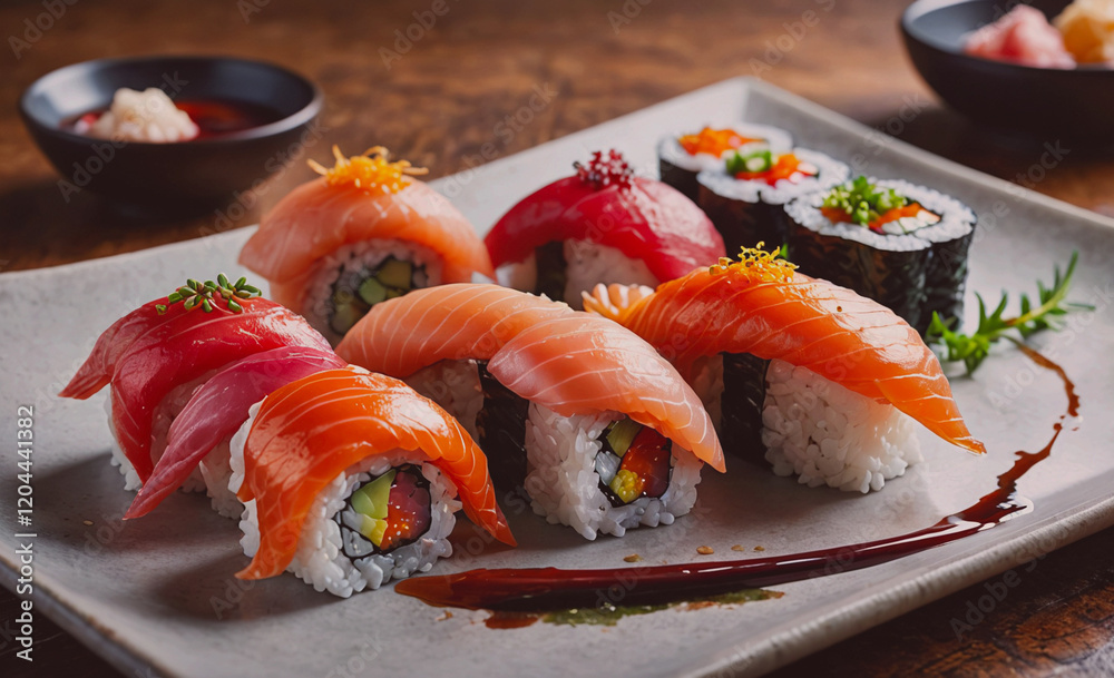 Poster A plate of sushi with a variety of colors and shapes. The sushi is arranged in a way that makes it look appetizing and visually appealing
