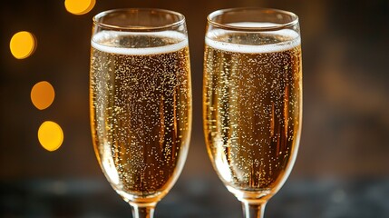 Two champagne flutes, bubbly, bokeh lights, celebration.