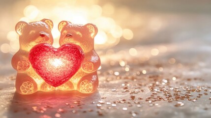 Fototapeta premium Cute gummy bears hugging heart, cozy Valentine's Day background, sweet romantic love. Social media template for business promotions.