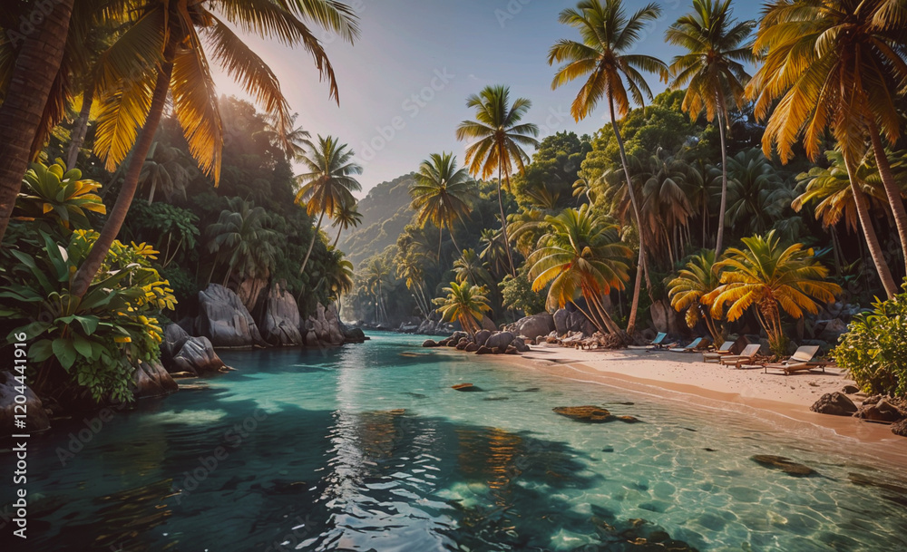 Poster a beautiful tropical beach with palm trees and a river running through it. the water is crystal clea