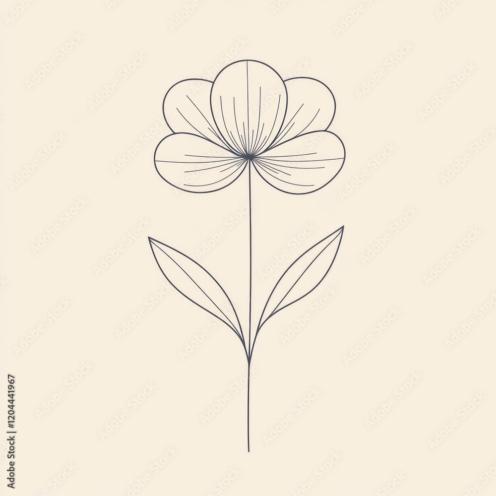 Poster Simple line drawing of a flower with leaves on a plain background showcasing minimalist art style. Generative AI