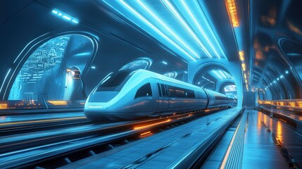 Fototapeta premium Futuristic High Speed Train Traveling Through Neon Tunnel