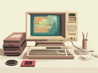 Vintage computer setup featuring retro technology and nostalgic design elements