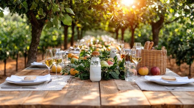 Orchard sunset dinner party Long rustic table laden with food, drinks, and floral arrangements. Use event invitation, restaurant promotion
