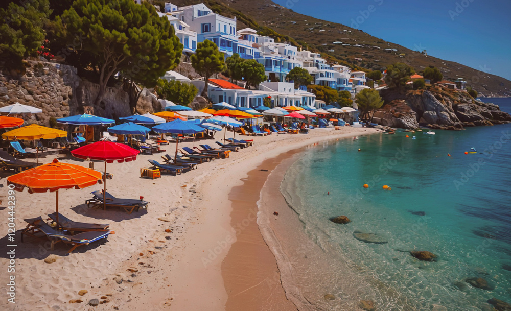 Poster a beach with many umbrellas and chairs. the beach is very crowded. the umbrellas are of different co