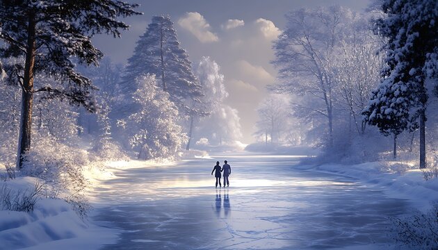 Couple ice skating on frozen river in snowy winter landscape.