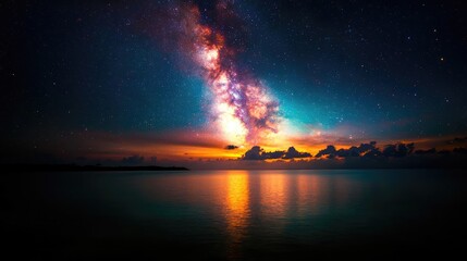 Milky Way over tranquil ocean at sunset