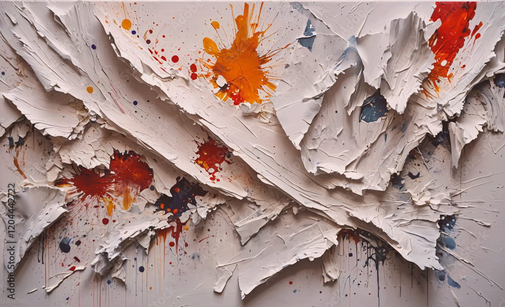 Aufkleber A painting of splatters of paint on a white background. The splatters are of different colors and sizes, creating a chaotic and abstract look