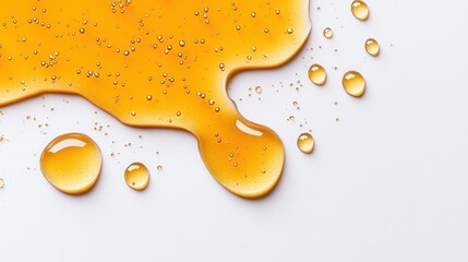 Close-up of amber liquid, viscous, spilled, with droplets, on white background.
